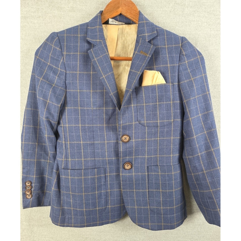 Leo & Zachary Boys 6 Suit Jacket Blazer Blue Windowpane Plaid Pocket Square